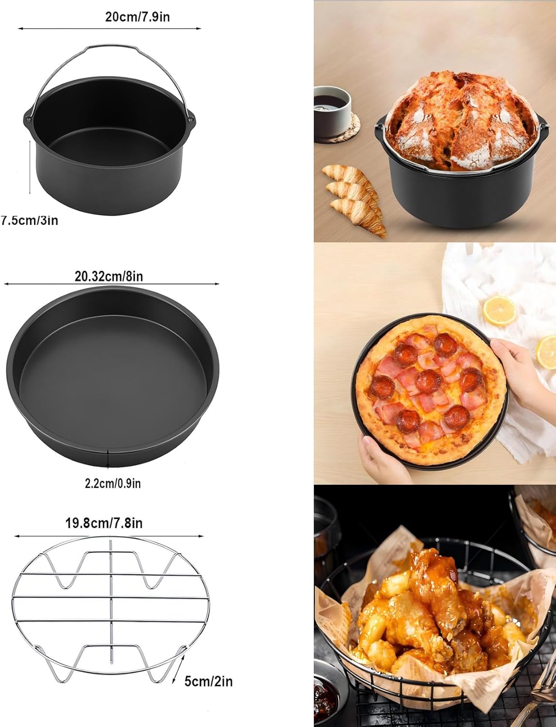 Air Fryer Baking Pan 8 Inch,3-Piece Set with Cake Pan, Pizza Tray & Grill Plate for 4Qt-5.6Qt Air Fryers (Black)