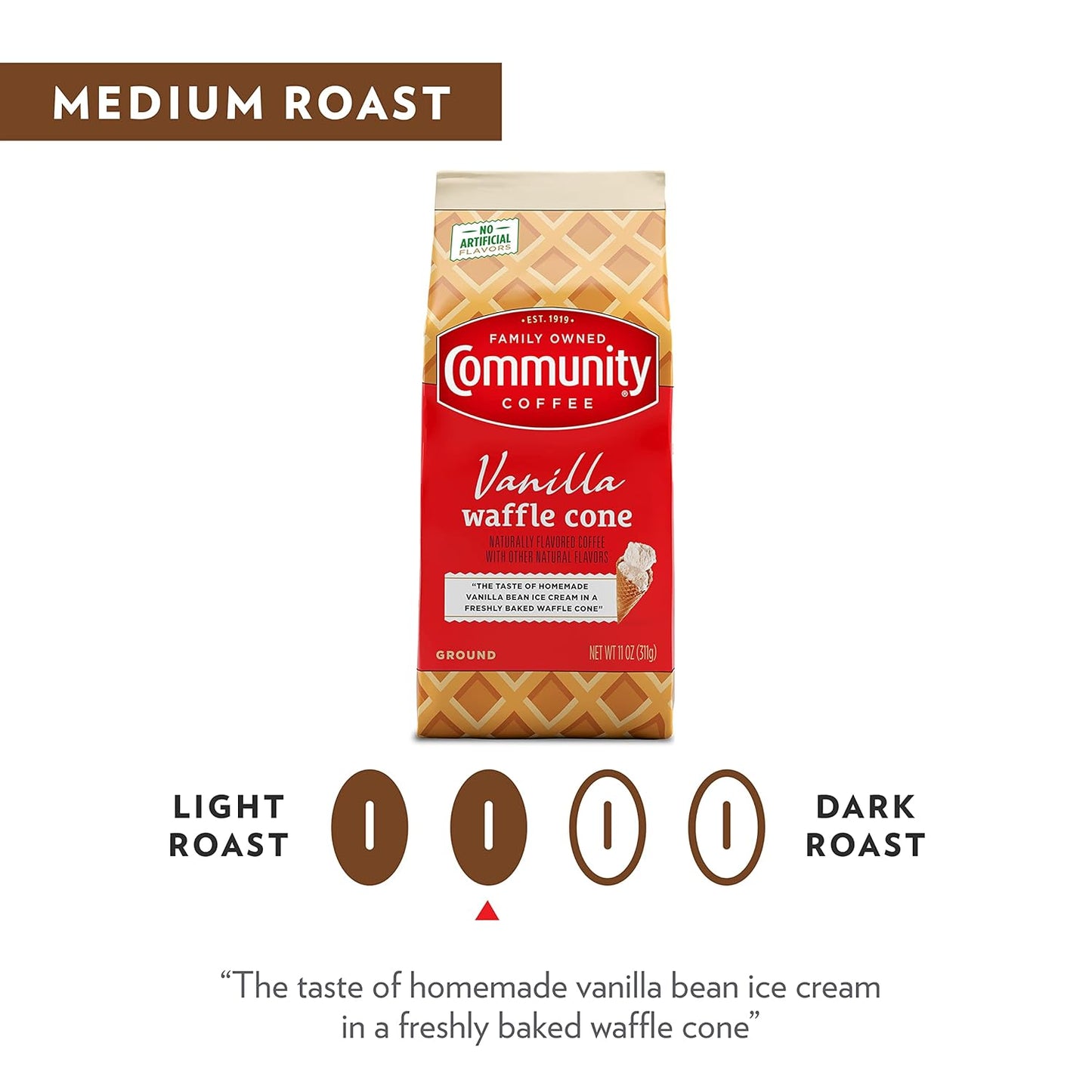 Community Coffee Vanilla Waffle Cone, Ice Cream Flavored Ground Coffee, 11 Ounce Bag (Pack of 1)