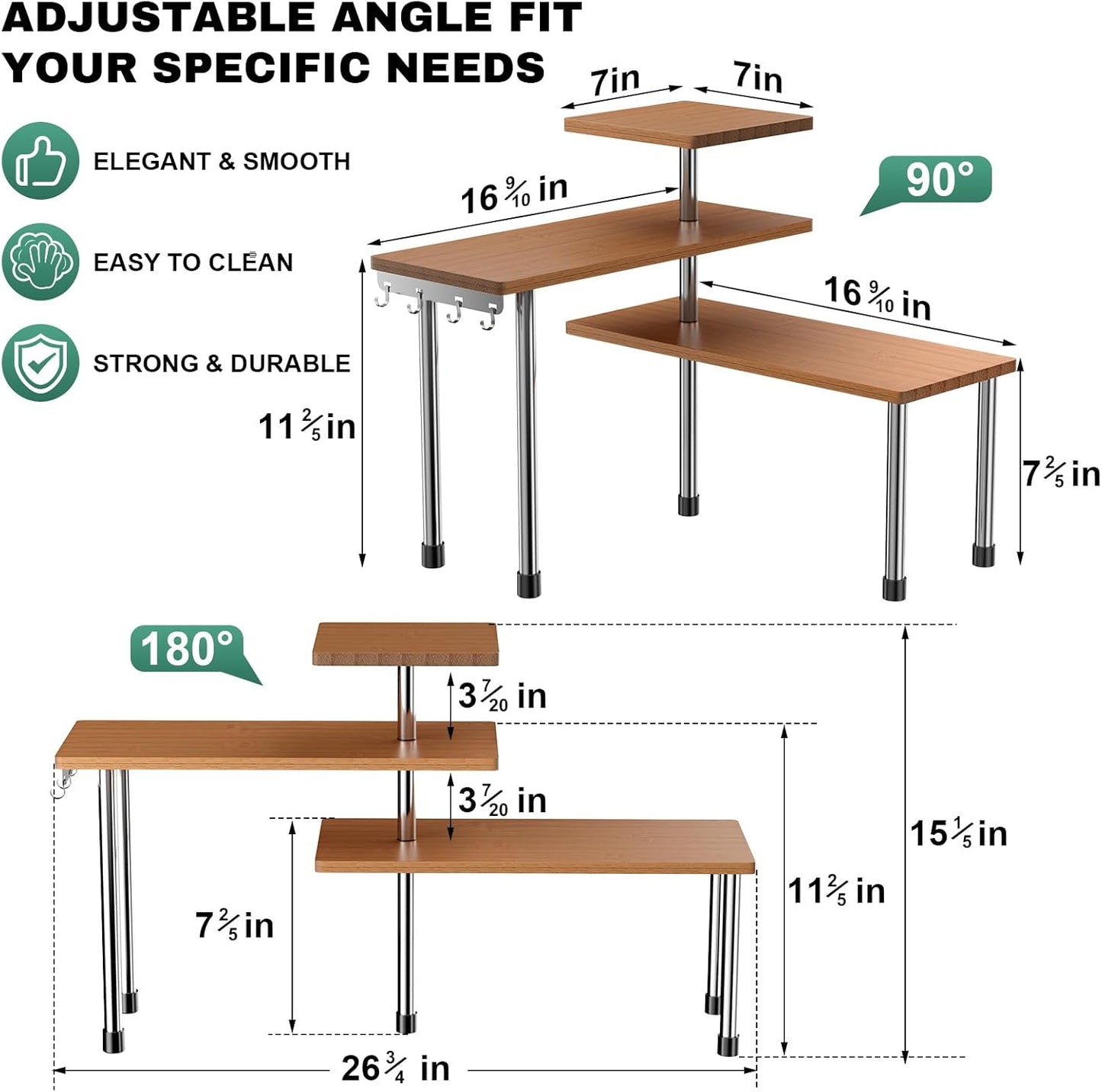 ZHWS Bathroom Counter Organizer Corner Countertop Shelf Adjustable 3 Tier Corner Shelf Kitchen Counter Organizer with 4 Metal Hooks for Bathroom Counter, Makeups, Dresser Table, Over Sink
