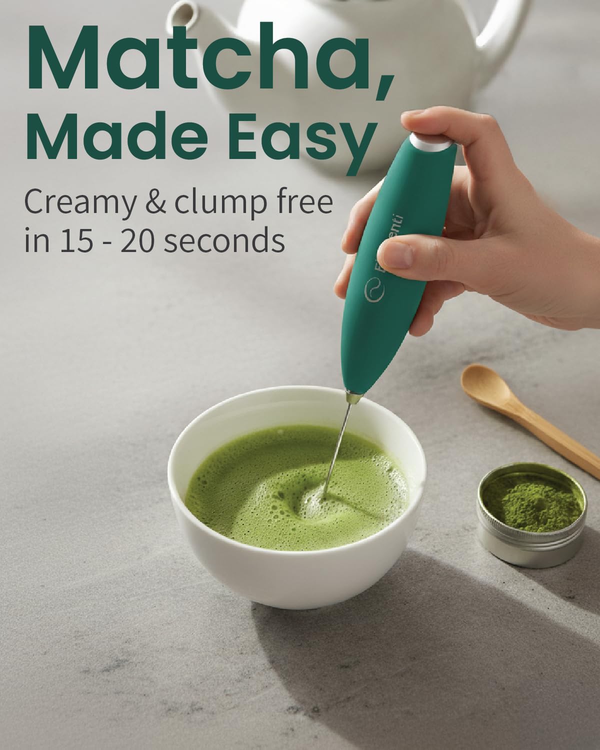 Elementi Matcha Whisk & Frother Set - Powerful Electric Matcha Mixer for Powder, Easy to Use Electric Whisk Kit - Craft Effortless Lattes with the Elementi Milk Frother Wand & Wisk (Emerald Green)