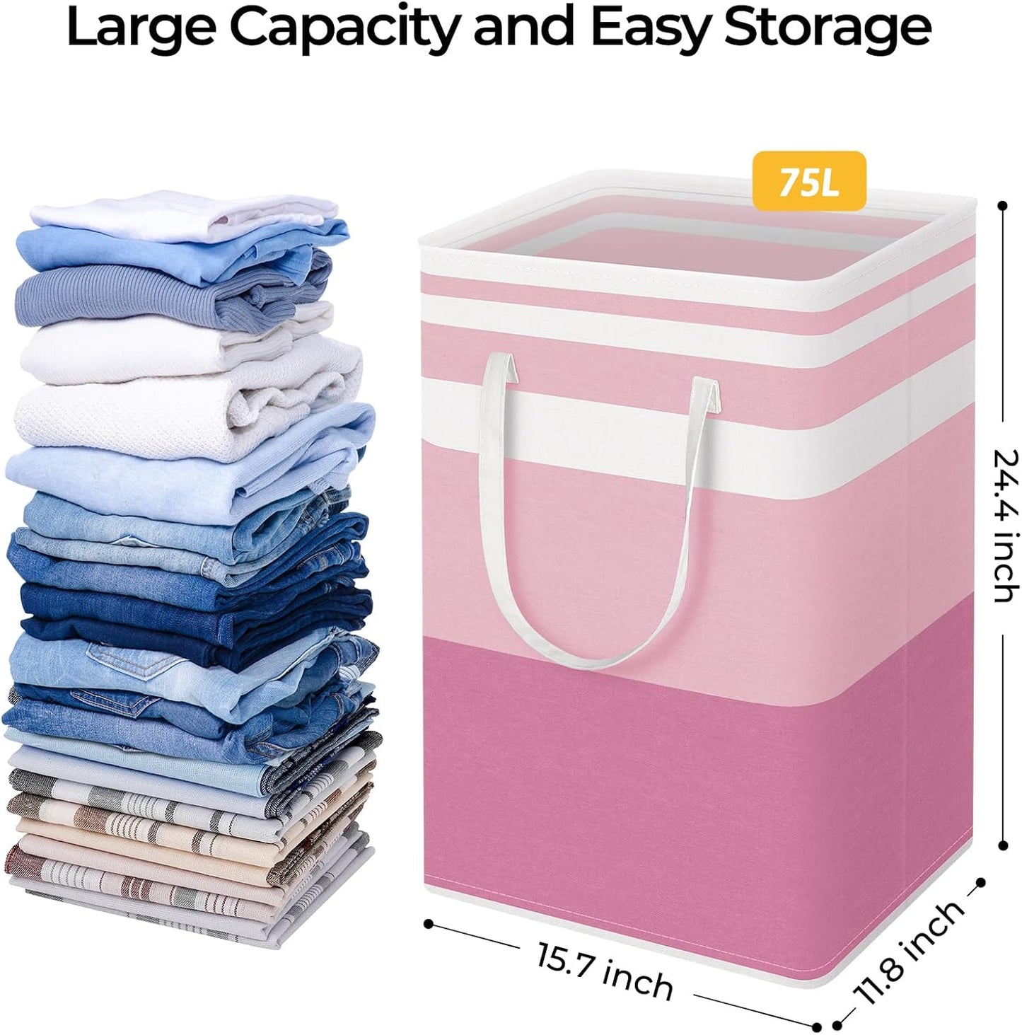 HomeHacks 2 Pack Large Laundry Baskets, Waterproof, Freestanding Laundry Hampers, Collapsible Clothes Hamper with Reinforced Handles in Laundry, College Dorm, Bathroom, Bedroom (Grey+Pink, 75Lx2)