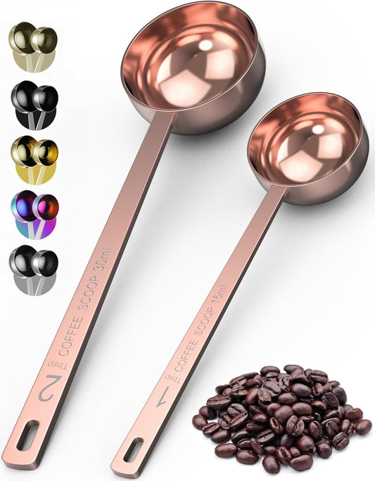 Orblue Premium Coffee Scoop Set - 1 Tbsp (15ml) & 2 Tbsp (30ml) Measuring Tablespoon - Stainless Steel Coffee Measuring Spoon and Scooper with Long Handles - Pack of 2 - Rose Gold