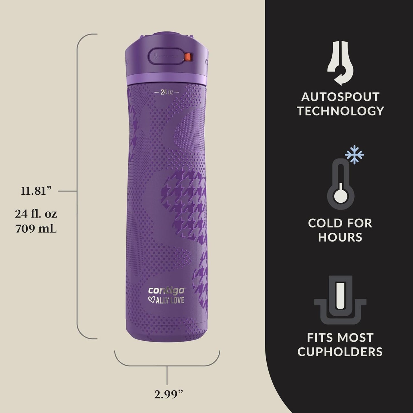 Contigo x Ally Love Ashland Chill 2.0, Stainless Steel, Spill Proof Water Bottle with AutoPop Easy Lean Lid, BPA Free, 24oz, Violet