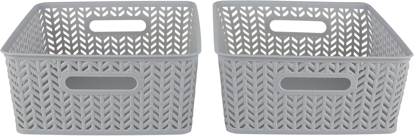 Simplify 2 Pack Medium Herringbone Storage Basket | Dimensions: 14"x11.5"x5.15" | Sturdy Polypropylene Plastic | 2 Open Handles | Lightweight | Home Organization | Heather Grey