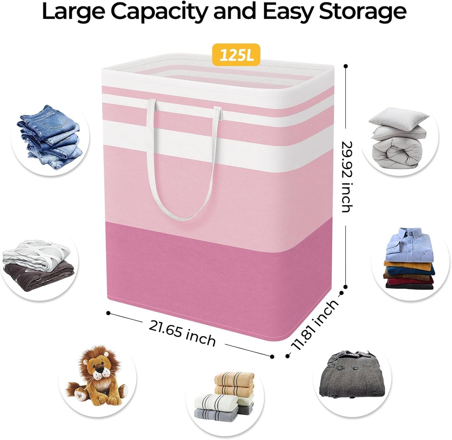 HomeHacks 2 Pack Large Laundry Baskets, Waterproof, Freestanding Laundry Hampers, Collapsible Clothes Hamper with Reinforced Handles in Laundry, College Dorm, Bathroom, Bedroom (Grey+Pink, 125Lx2)