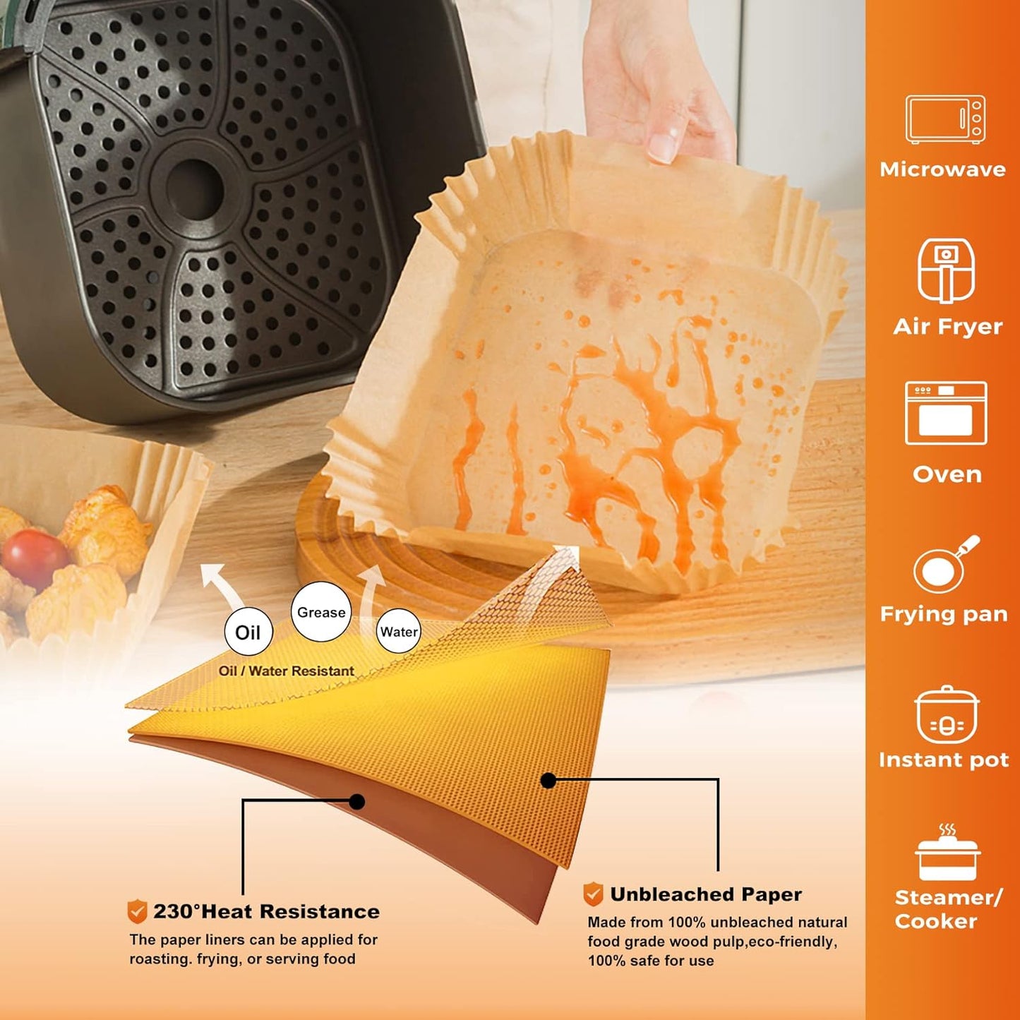Vailnd 9inch Square Air Fryer Disposable Paper Liners, 125PCS Non-Stick Food Grade Parchment Liner, Oil Resistant, Waterproof, Food Grade Baking Paper for 8-12 QTMicrowave