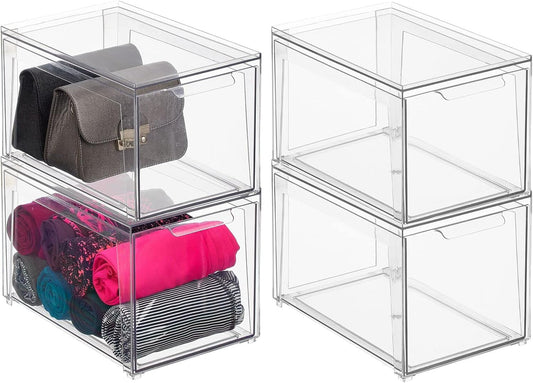 mDesign Plastic Stackable Closet Storage Organizer Bins with Pull Out Drawer for Cabinet, Desk, Shelf, Cupboard, or Dresser Organization - Lumiere Collection - 4 Pack - Clear