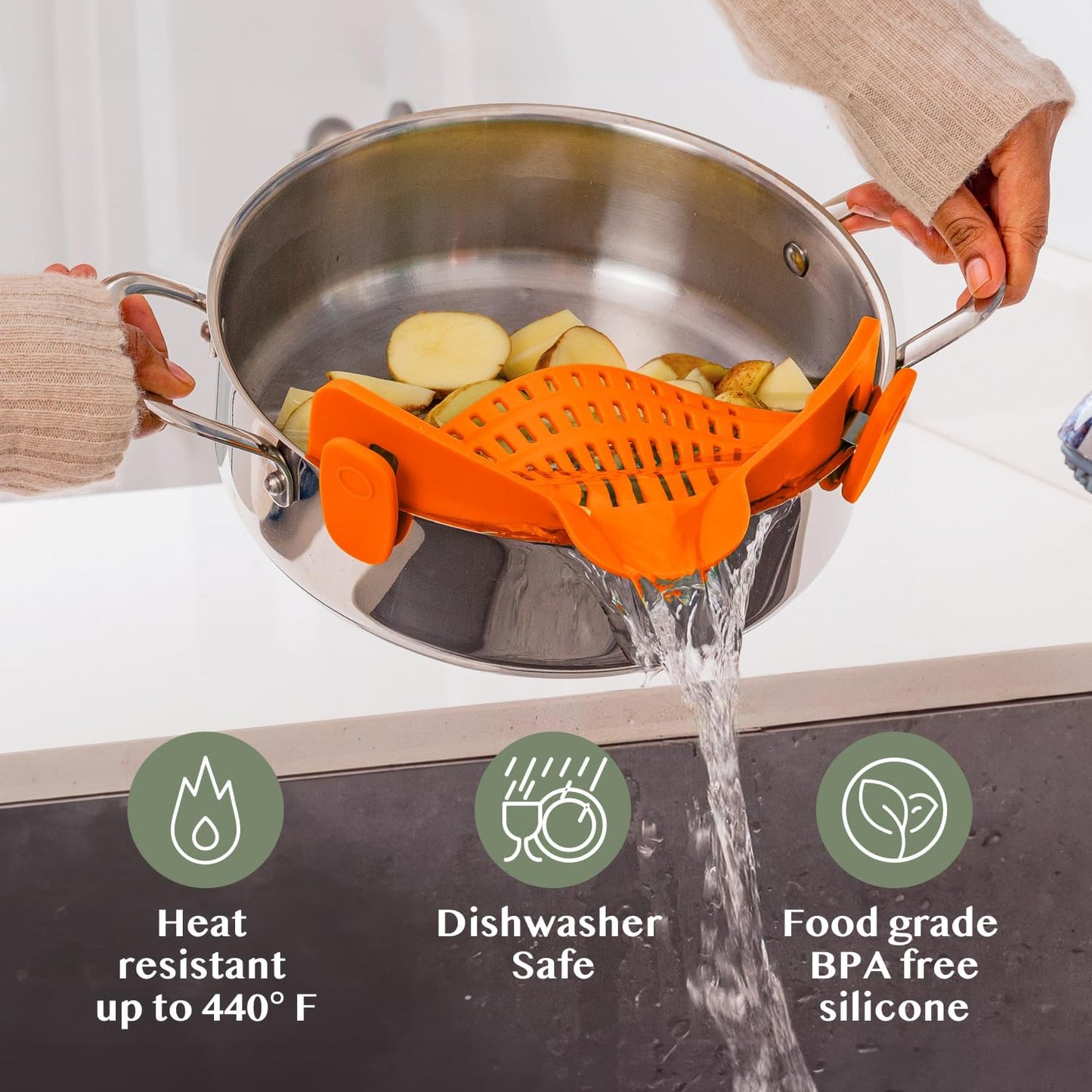 Kitchen Gizmo Snap N Strain Clip On Strainer for Pots and Pans - Adjustable Silicone Colander for Kitchen - Compact Clip-On Food Strainer for Draining Pasta and Vegetables - Orange