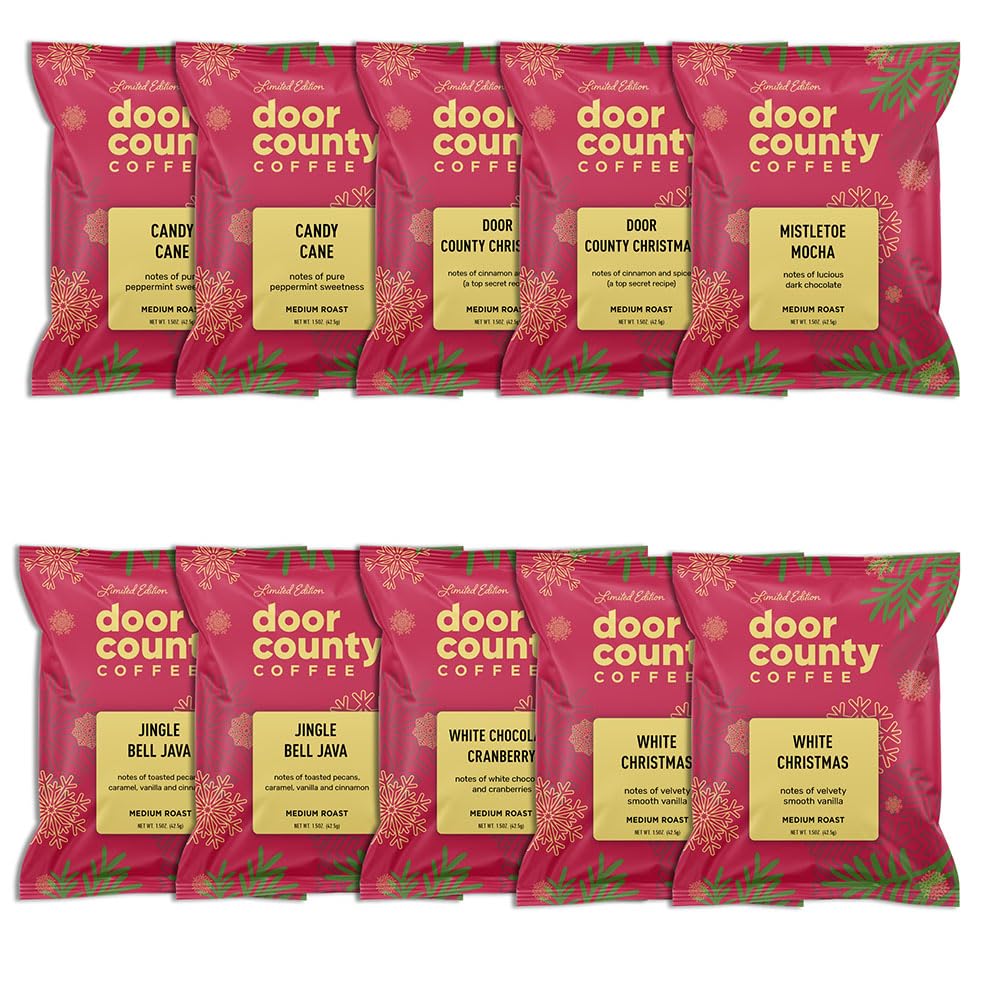 Gourmet Flavored Holiday Coffee Sampler Pack - 10 Bags of Unique Flavored Coffees – 100% Specialty Grade 1 Arabica -1.5 oz Full-Pot Bags - Roasted by Door County Coffee