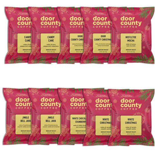 Gourmet Flavored Holiday Coffee Sampler Pack - 10 Bags of Unique Flavored Coffees – 100% Specialty Grade 1 Arabica -1.5 oz Full-Pot Bags - Roasted by Door County Coffee