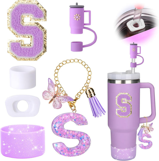 Mity rain 6PCS Cup Accessories Set for Stanley Cup 30oz 40oz tumbler with handle, Including Silicone Straw Topper Cover Cap and Boot, Spill Proof Stopper, Handle Charm, Initials Sticker (Letter S)