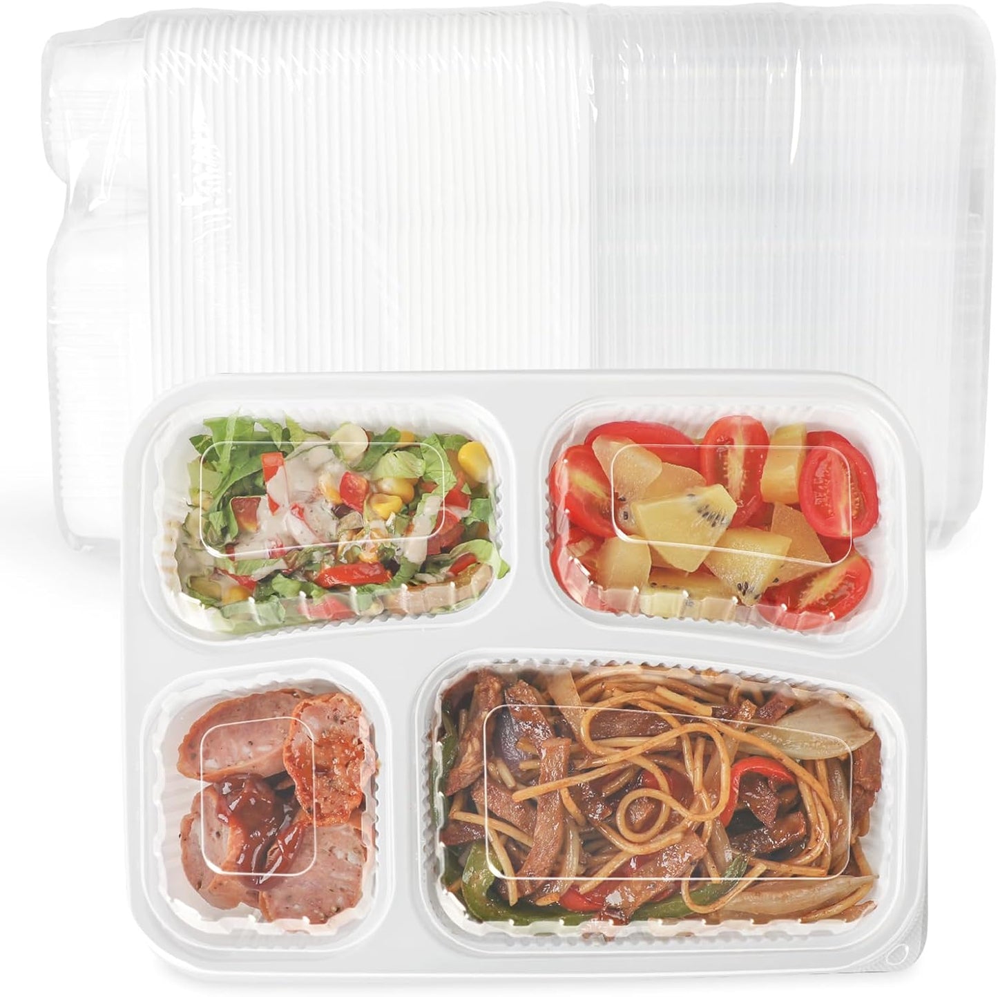 YANGRUI Food Containers with Lid 40 Pack 34 oz - Reusable Shrink Wrap 4 Compartment Leakproof Takeout | BPA Free Flexible PP Plastic Container | Dishwasher & Microwave Safe Hotel Grade White To Go Box