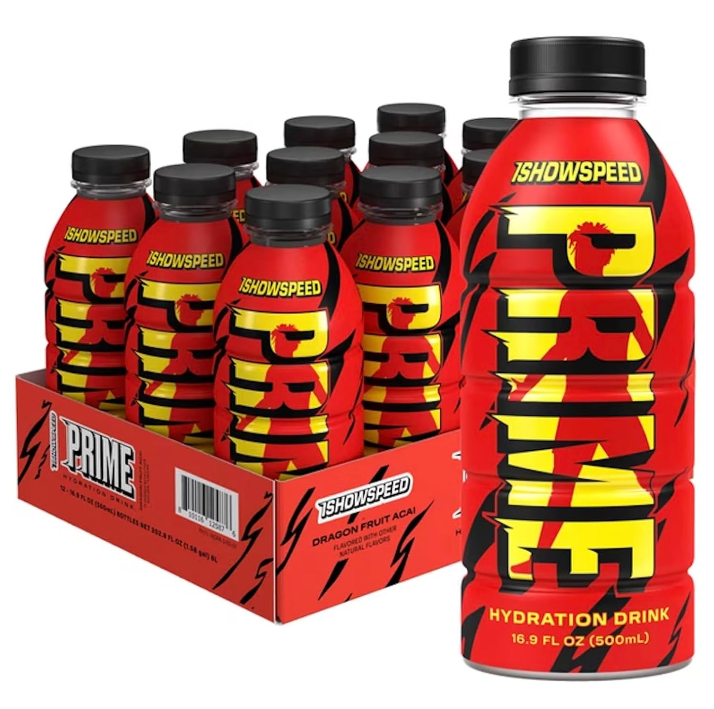 PRIME Hydration ISHOWSPEED, Sports Drinks, Electrolyte Enhanced for Ultimate Hydration, 250mg BCAAs, B Vitamins, Antioxidants, Low Sugar, 16.9 Fl Oz, 12 Pack