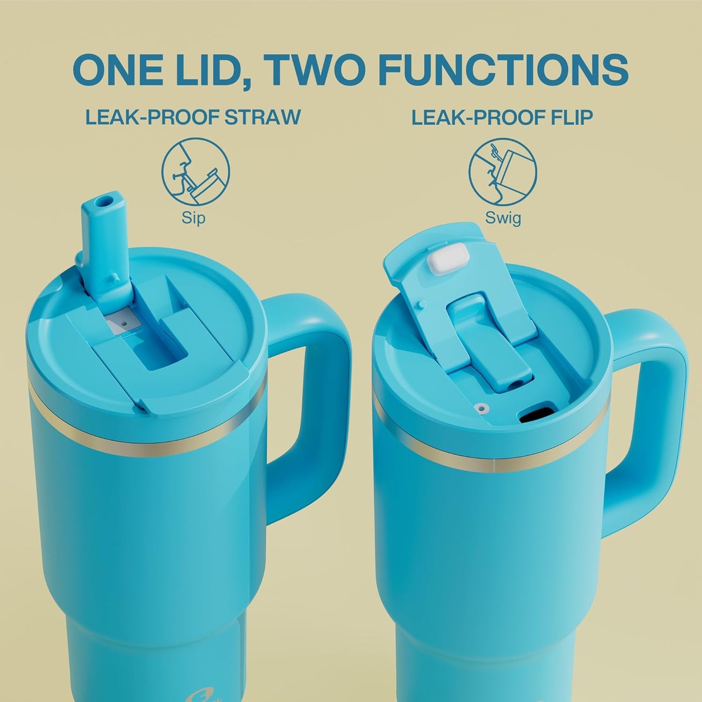 32 oz Tumbler with Handle and Straw: Stainless Steel Insulated Tumbler Keeps Cold for 24 Hours, Leakproof Travel Cup Fits in Cup Holder and BPA-Free,Azure Blue