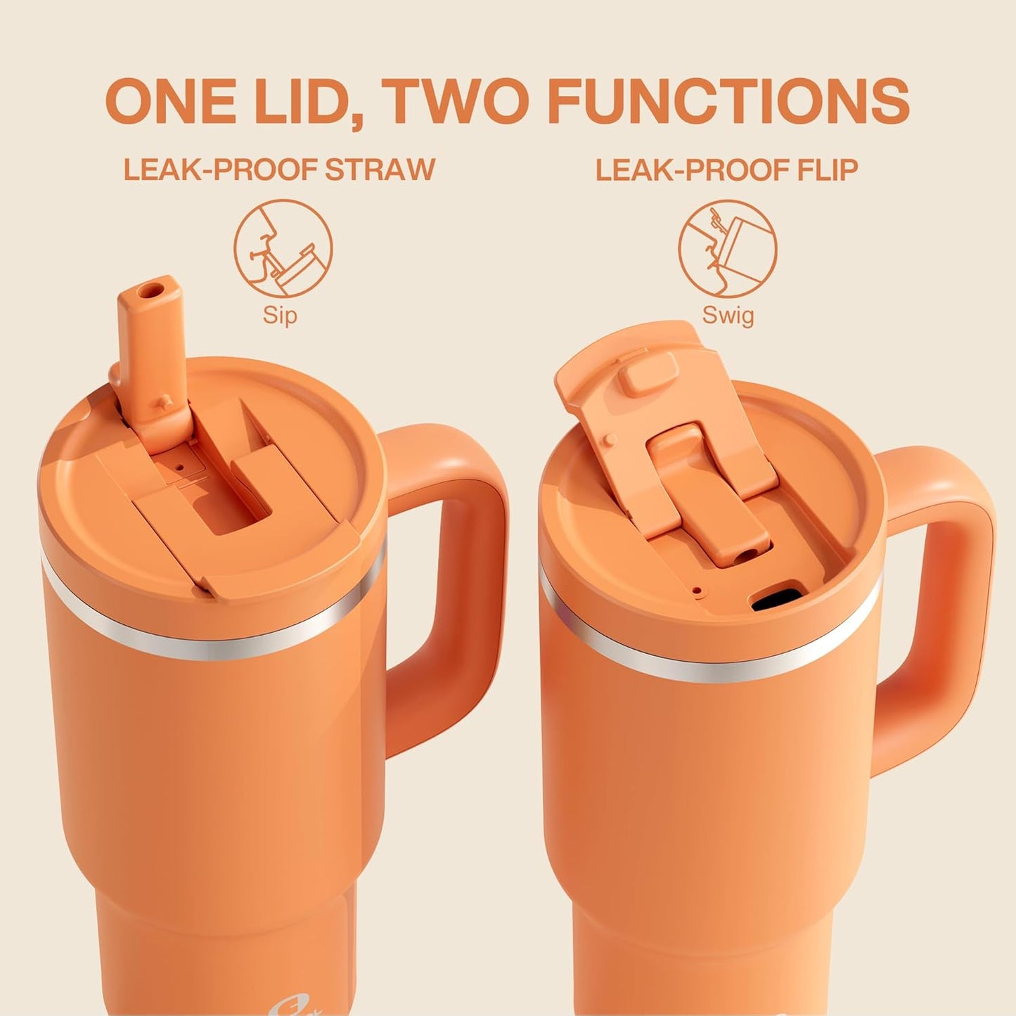 32 oz Tumbler with Handle and Straw: Stainless Steel Insulated Tumbler Keeps Cold for 24 Hours, Leakproof Travel Cup Fits in Cup Holder and BPA-Free,Moderate Orange