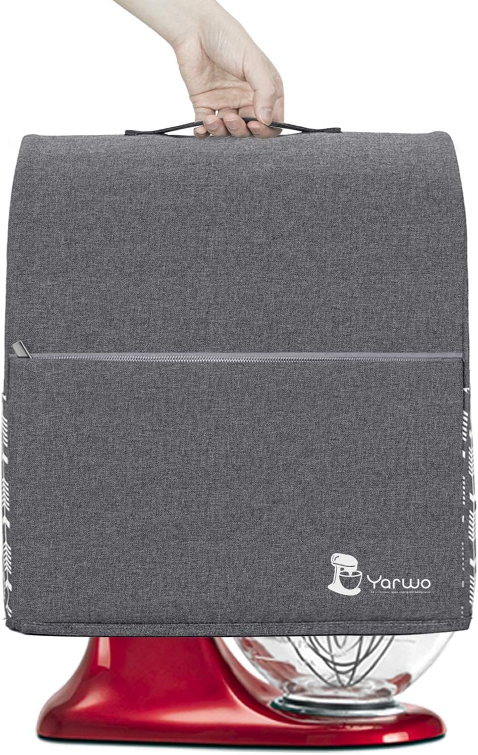 Yarwo Stand Mixer Cover Compatible with 4.5 qt and All 5 qt KitchenAid Mixer, Protective Dust Cover with Top Handle and Pockets for Accessories, Gray with Arrow