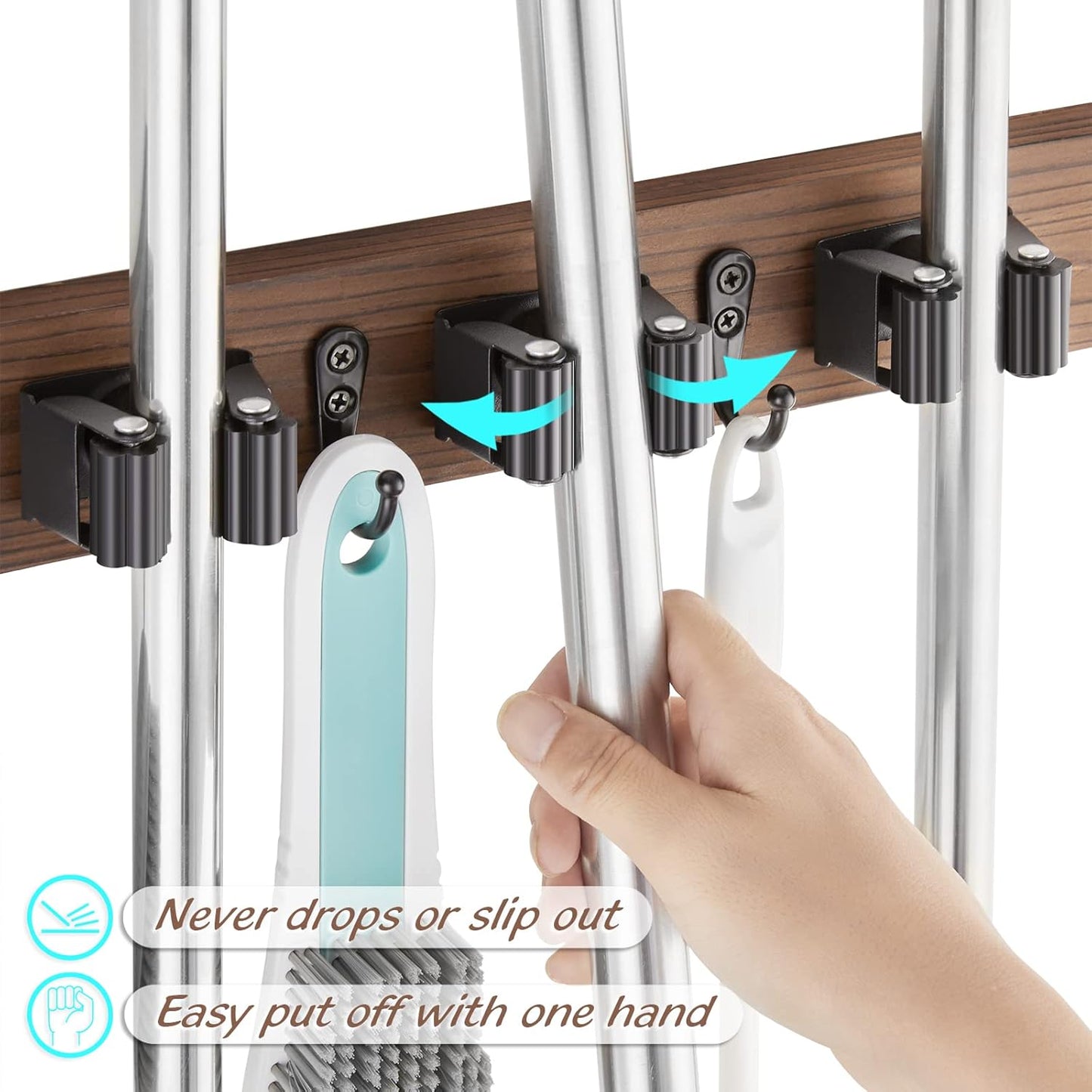 2 Pack Mop Broom Holder Wall Mount - Wood Broom Mop Hanger - Wall Mounted Garden Tool Rack Organizer for Closet Garage Laundry Room Farmhouse Rustic Kitchen Decor With 4 Slots & 4 Hooks