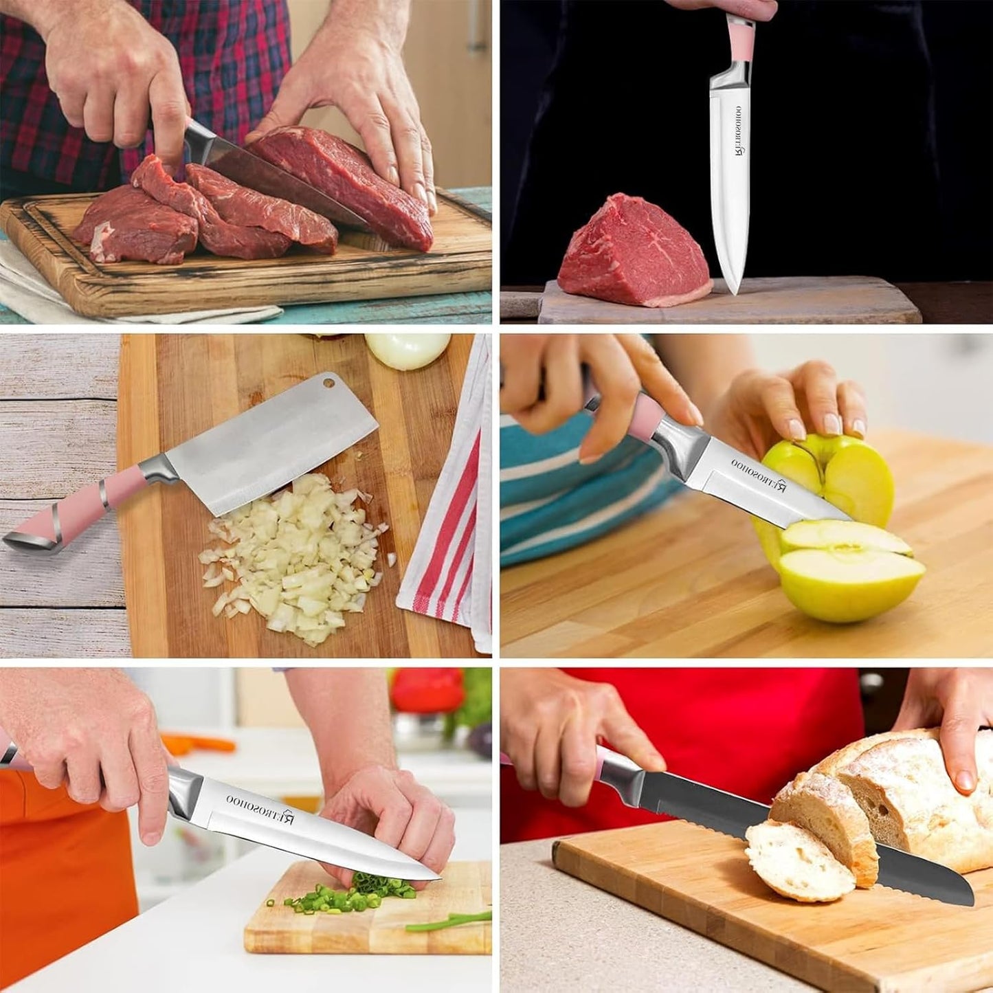 Kitchen Knife Set, Retrosohoo 9-Pieces Pink Sharp Non-Stick Coated Chef Knives Block Set,Stainless Steel Knife Set for Kitchen with Sharpener for Cutting Slicing Dicing Chopping (Pink)