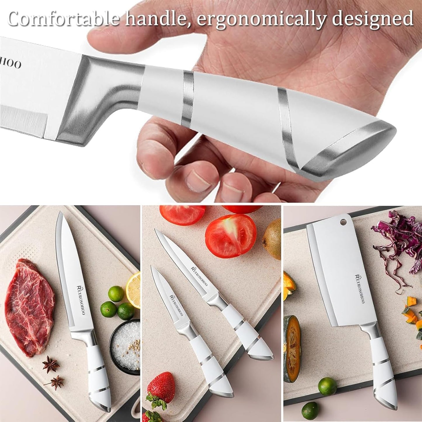 Kitchen Knife Set, Retrosohoo 9-Piece White Sharp Non-Stick Coated Chef Knives Block Set,Stainless Steel Knife Set for Kitchen with Sharpener for Cutting Slicing Dicing Chopping (White)