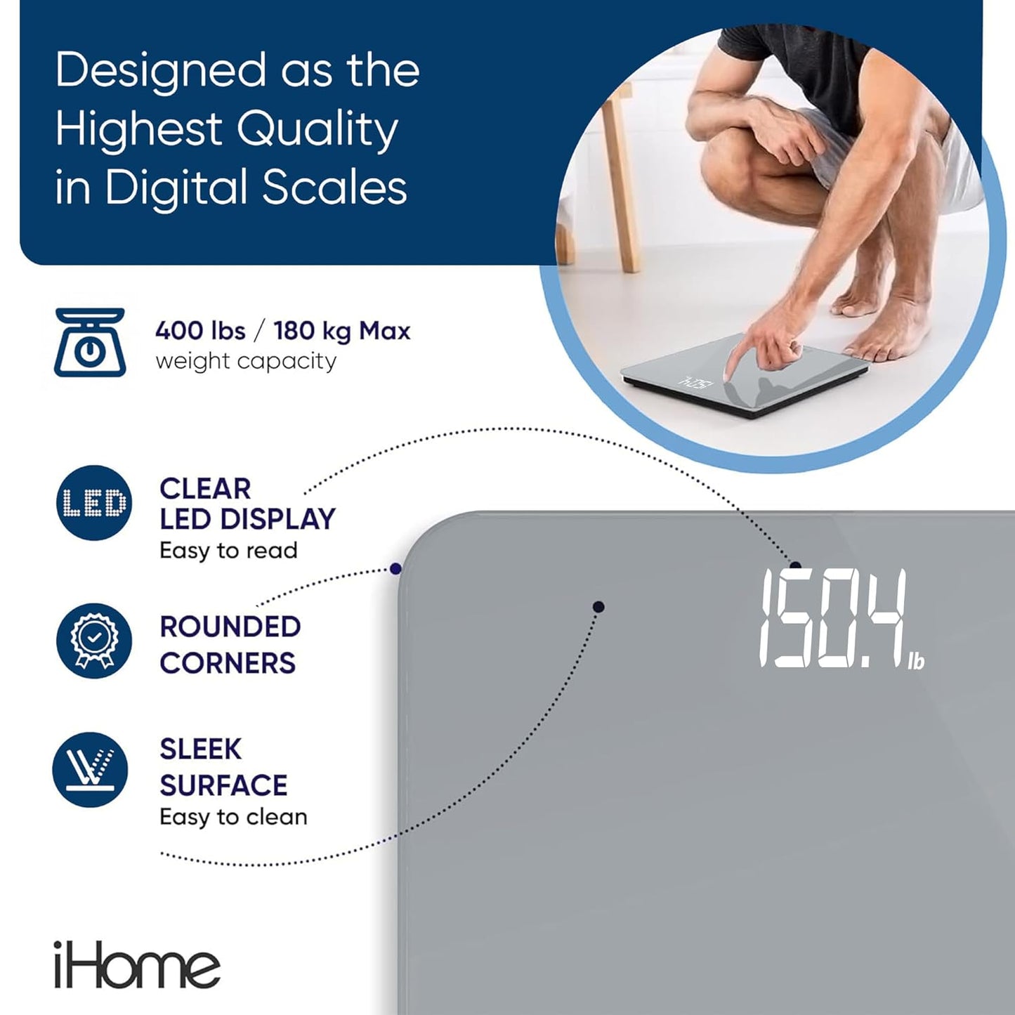 iHome Digital Scale, Bathroom Scale, Batteries Included, Scale Body Weight, Weight Scale, Digital Scale, Bathroom Scales for Weight, Digital Scales for Body Weight (Grey)