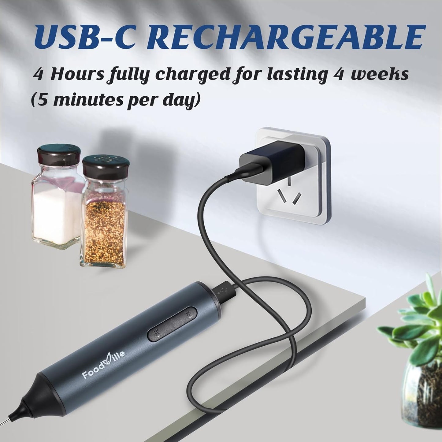 MF05 Rechargeable Milk Frother USB Charging Handheld Foam Maker with Stainless Balloon Whisk for Cappuccino, Latte, Bulletproof Coffee, Keto (Grey without Stand)