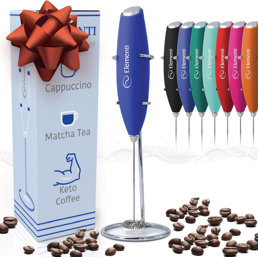 Elementi Electric Milk Frother Handheld - Mini Whisk for Coffee, Matcha and Drinks - Portable Frother & Mixer with Stand (Royal Blue)