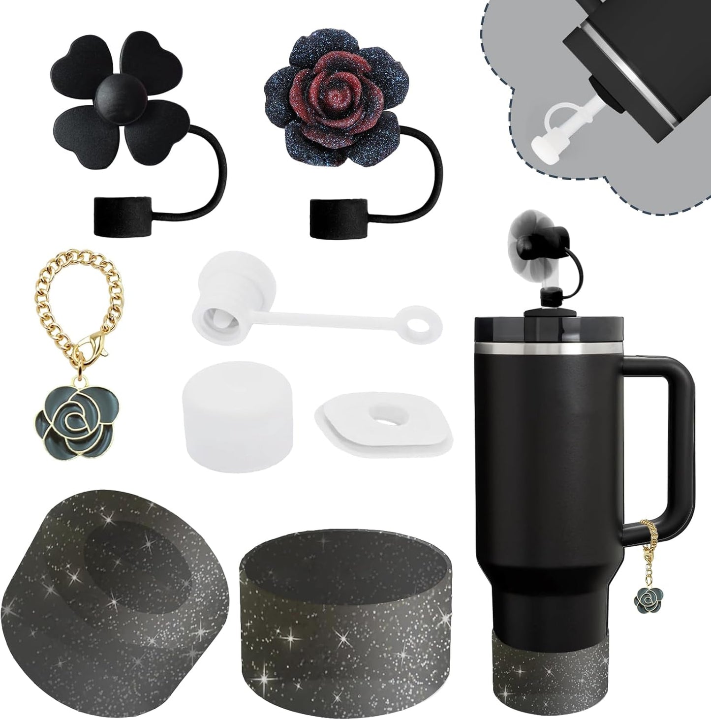 Stanley Cup Accessories Set,Including 2 Pcs 0.4in Straw Cover, 1 Silicone Spill-Proof Stopper Set of 3, 1 Cute Rose Handle Charm, 1 Silicone Boot Fits Stanley 40&30 Oz Tumbler (Black 2.0)