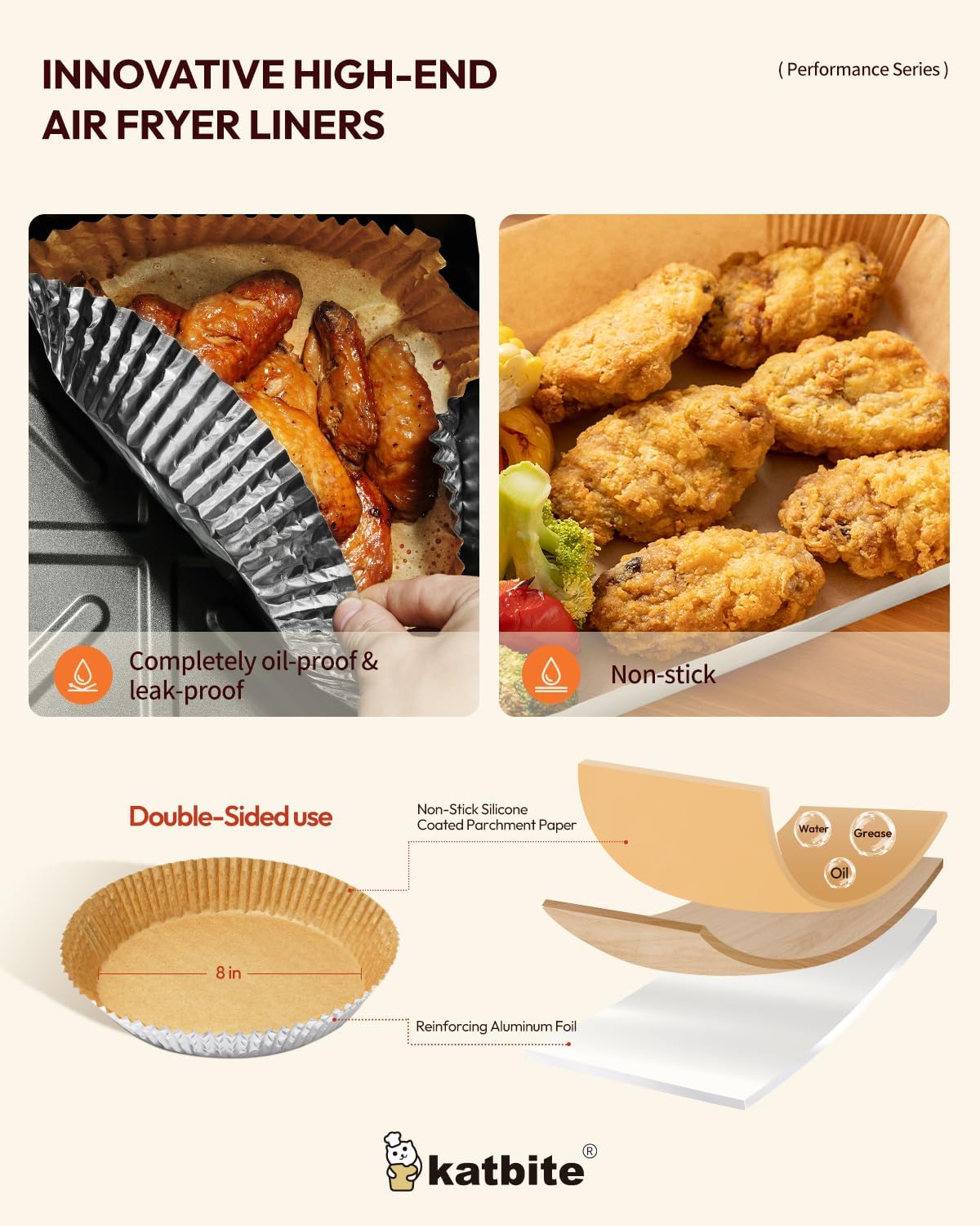Katbite Round Air Fryer Liners Disposable,8 Inch Non-Stick Food-Grade Paper Inside&Reinforced Aluminum Foil Outside,5-8 QT Air Fryer Accessories for Oven Pans,Baking Baskets,80pcs -(PerformanceSeries)