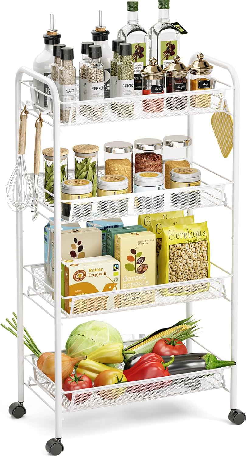 TOOLF 4-Tier Rolling Cart, Metal Utility Cart with 3 Hooks, Easy Assemble Mobile Storage Trolley On Wheels, Metal Shelving Units Kitchen Bathroom Laundry Room
