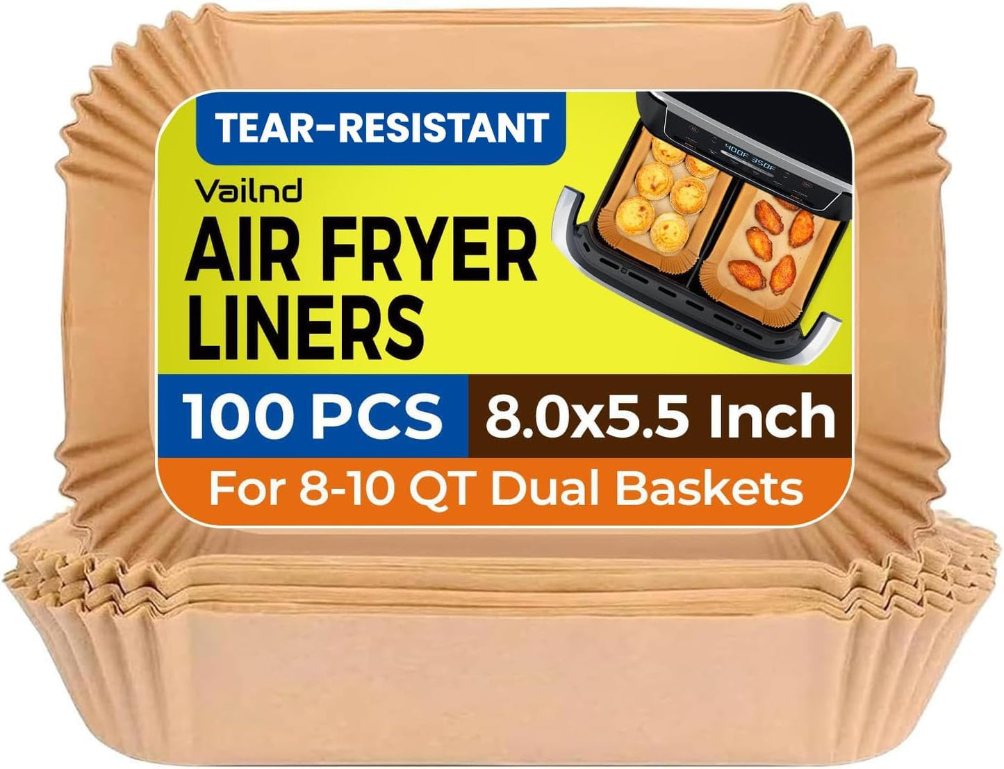 Vailnd Air Fryer Liners Disposable for Dual Basket, 100Pcs 8x5.5 Inch Rectangle Air Fryer Paper Liner for Ninja DZ201 DZ401, Chefman/COSORI 2-Basket, Oil Proof Parchment Paper