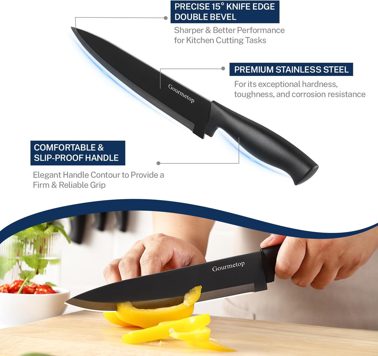 Kitchen Knife Set with No Drilling Magnetic Strip for Kitchen Black Titanium Small Cooking Knives, Sharp Stainless Steel Chef Knife Set for Cutting Meat & Vegetable