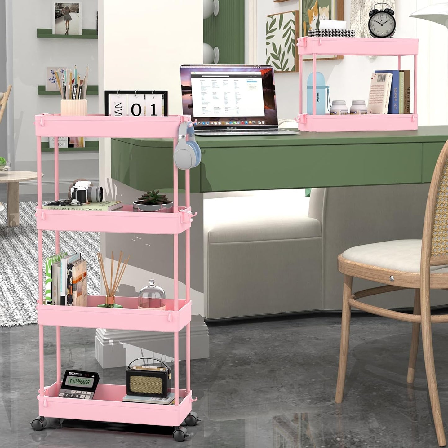 SPACEKEEPER Slim Rolling Storage Cart 4 Tier Bathroom Organizer Utility Cart Mobile Shelving Unit Tower Rack for Kitchen, Laundry Room, Bathroom, Narrow Places, Pink