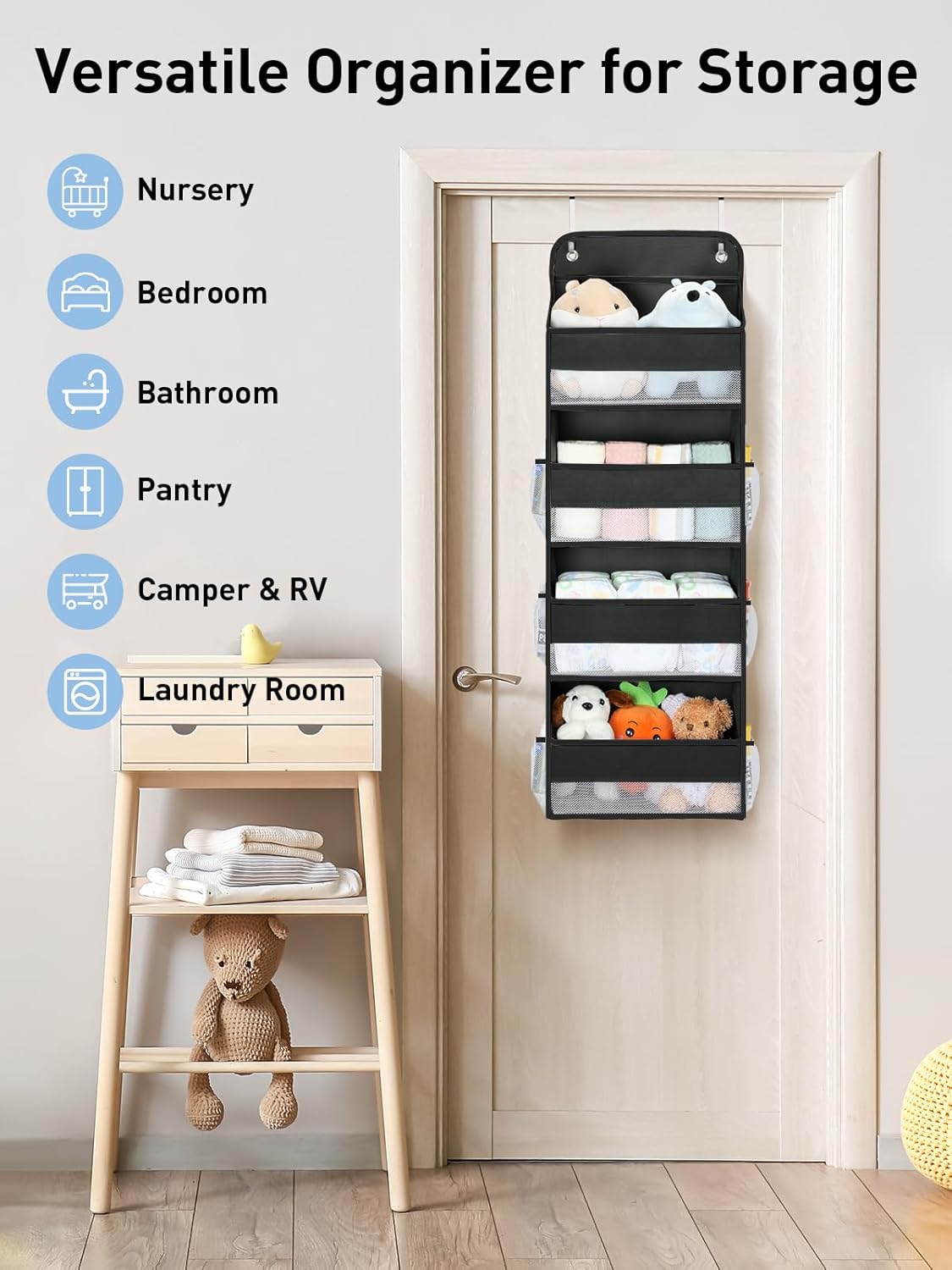 Yecaye 1 Pack Over the Door Organizer, 35.2lbs Load Toy Stuffed Animal Storage, Swing-proof Hanging Bathroom Organizers and Storage for Nursery Newborn Baby Essential Stuff Black