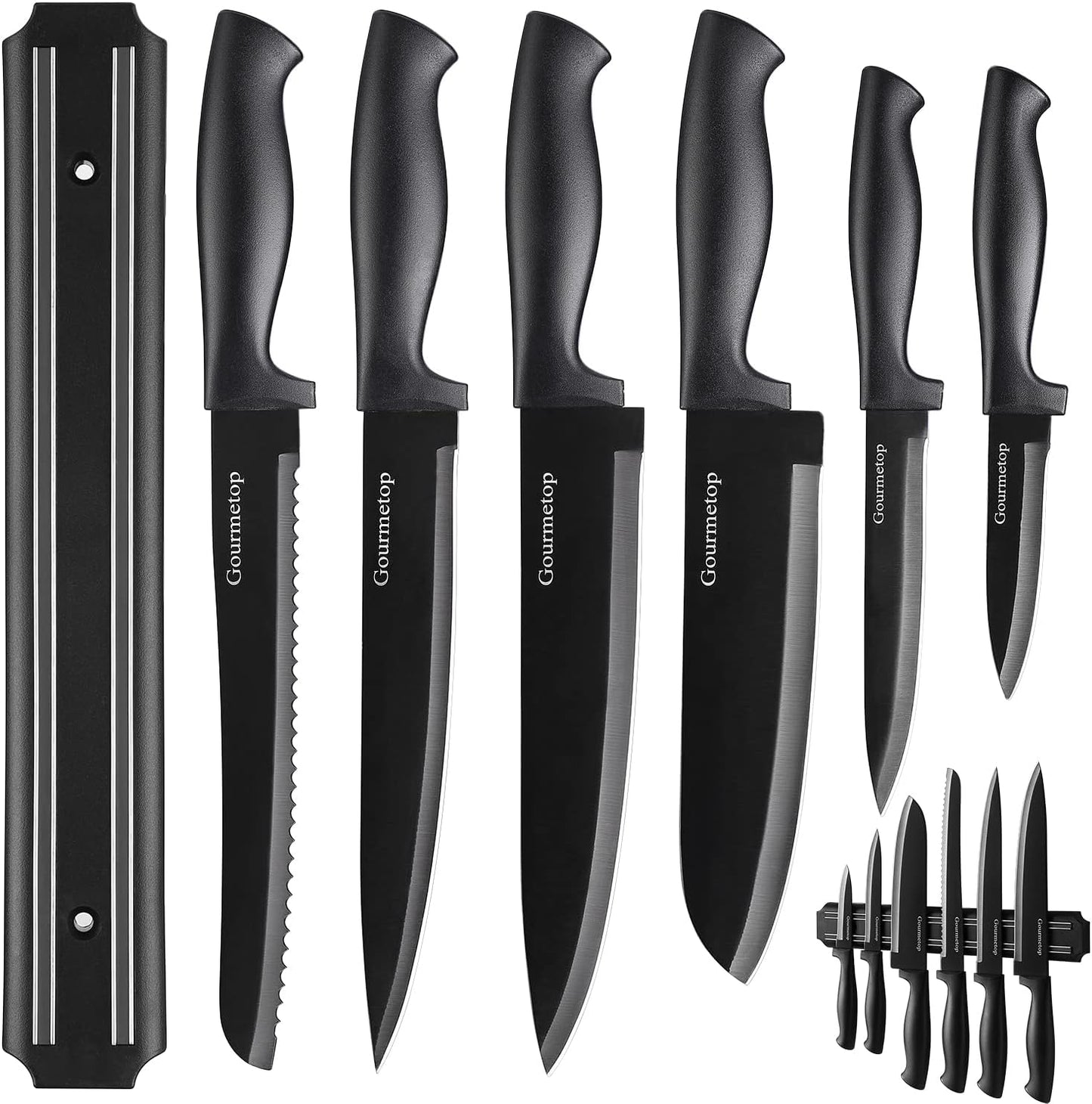Kitchen Knife Set with No Drilling Magnetic Strip for Kitchen Black Titanium Small Cooking Knives, Sharp Stainless Steel Chef Knife Set for Cutting Meat & Vegetable