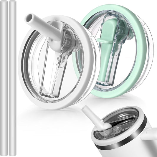 40oz Flip Straw Leak Proof Lid for Stanley H2.0 Quencher Protour Tumbler, 2 Pack Spill Proof Lid Replacement Straw Cover Top for 40 OZ Stanley Cup Accessories (White, Matcha)