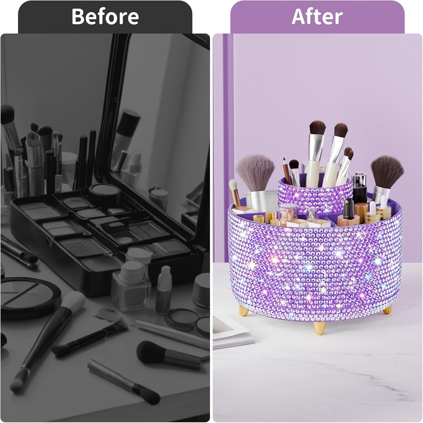 Bling 360° Rotate Makeup Brush Holder Organizer, Makeup Organizers Countertop, Makeup organization and Skincare Storage for Vanity, Gift for Women Girls (Bling dz-Purple)