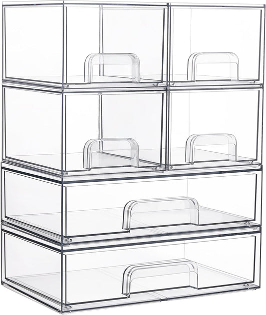 Vtopmart Stackable Storage Drawers Set of 6, Clear Plastic Organizer Bins for Bathroom Supplies,Ideal for Cabinet,Pantry,Laundry Room Organization