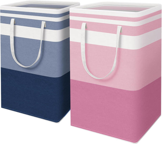 HomeHacks 2 Pack Large Laundry Baskets, Waterproof, Freestanding Laundry Hampers, Collapsible Clothes Hamper with Reinforced Handles in Laundry, College Dorm, Bathroom, Bedroom (Blue+Pink, 88Lx2)