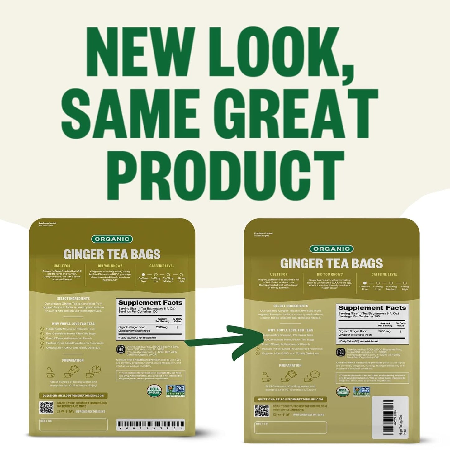 FGO Organic Ginger Tea, 100 Count, Eco-Conscious Tea Bags, Caffeine Free, Packaging May Vary (Pack of 1)