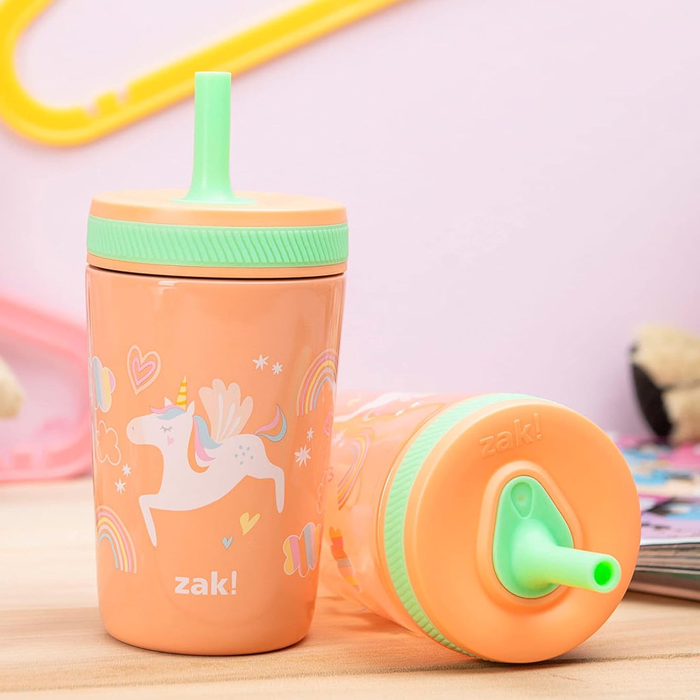 Zak Designs Unicorn Kelso Tumbler Set,Leak-Proof Screw-On Lid with Straw, Bundle for Kids Includes Plastic and Stainless Steel Cups with Bonus Sipper, 3pc Set, Non-BPA