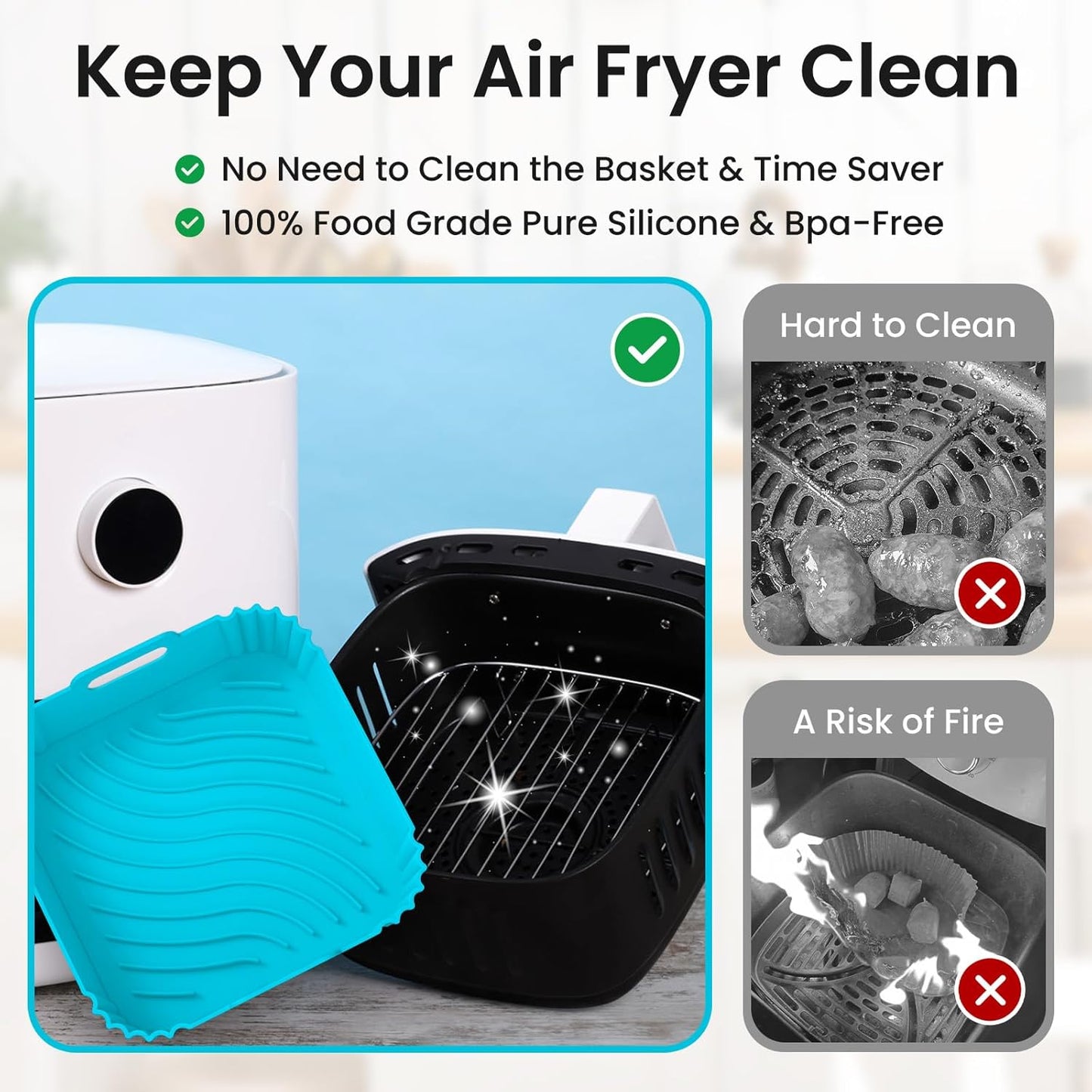 Redfly Air Fryer Silicone Liners, 9.3 Inch Square Airfryer Liners, Silicone Air Fryer Liners Reusable for 6-8 QT, Air Fryer Accessories Replacement for Parchment, Airfryer Liners Silicone Red&Blue