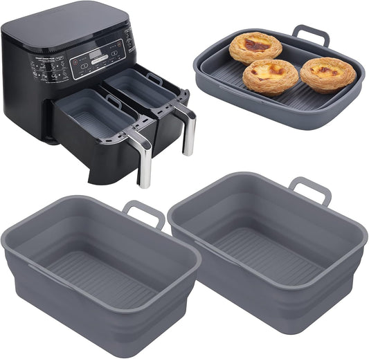 Collapsible 2-Pack Air Fryer Silicone Liners for 8QT & 10QT NINJA Foodi Dual, Rectangular Air Fryer Silicone Pot, Reusable Silicone Air Fryer Basket for Air Fryer Accessories(Gray)