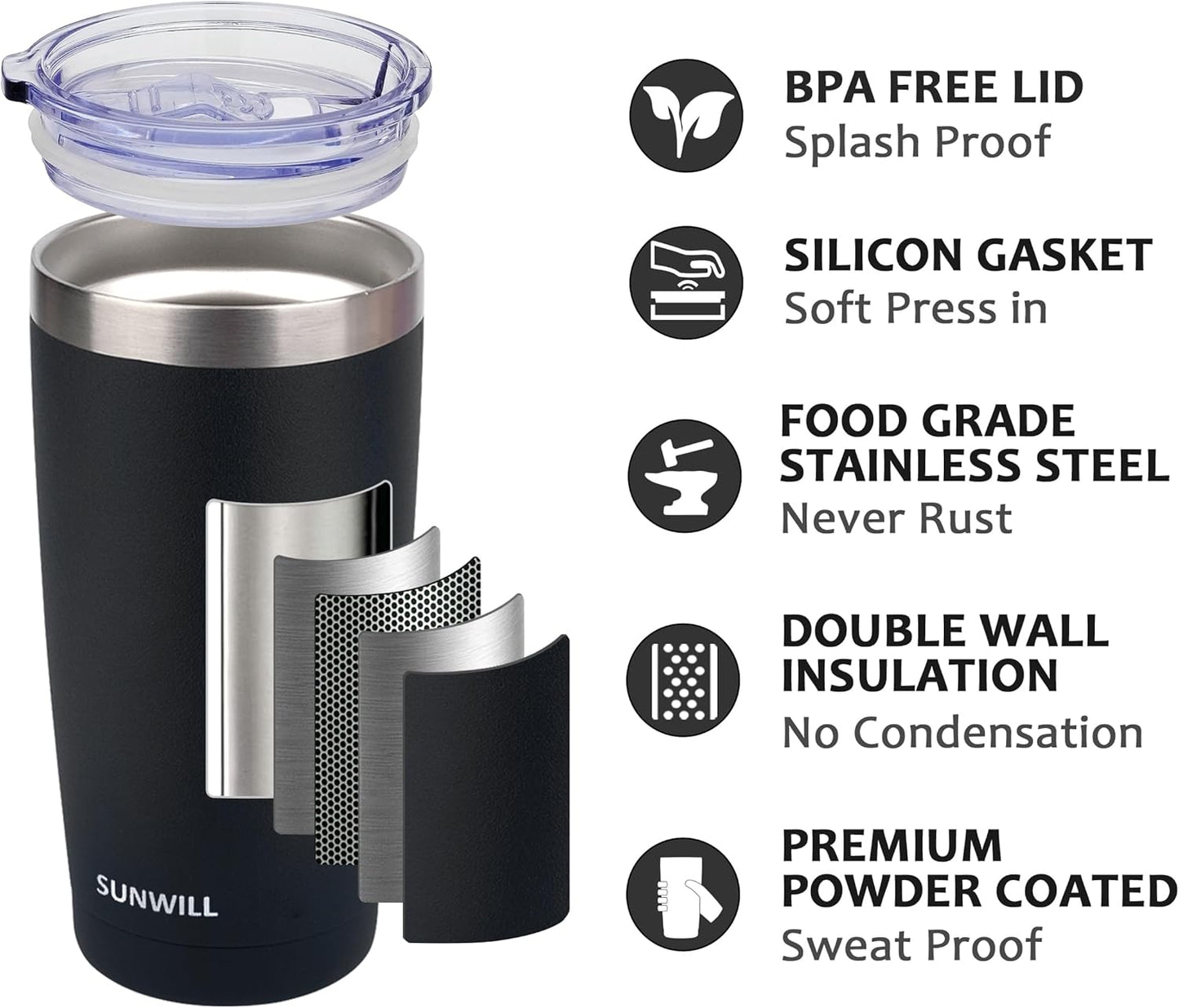 SUNWILL Travel Coffee Tumbler 20 oz, Insulated Mug with Lid, Stainless Steel Cup for Outdoor, Powder Coated Black