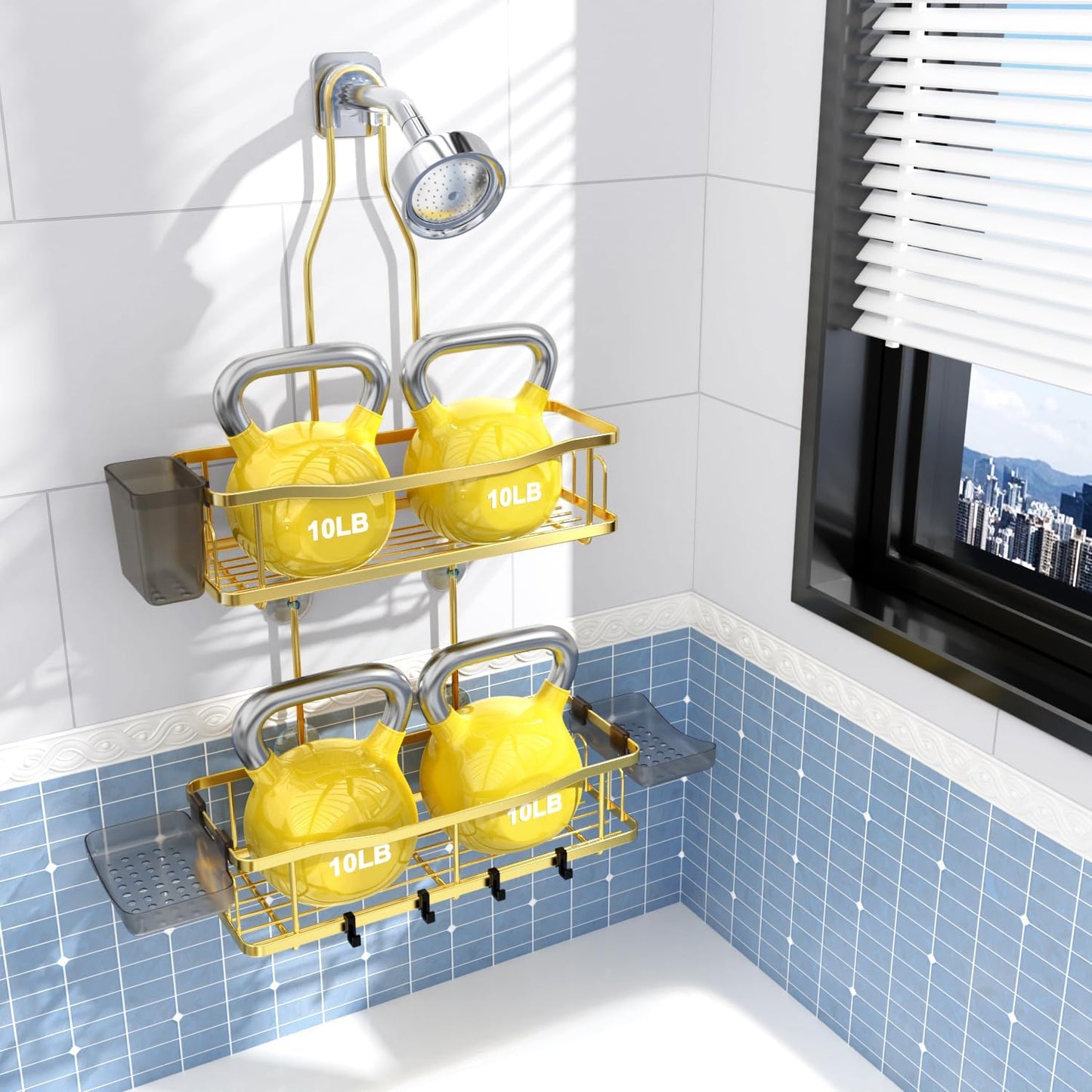 Hanging Shower Caddy Bathroom Organizer: Rustproof Shower Shelf Racks Over Shower Head - No Drilling Inside Bath Shower Rack Shelves Over Showerhead for Shampoo with Soap Holder Gold