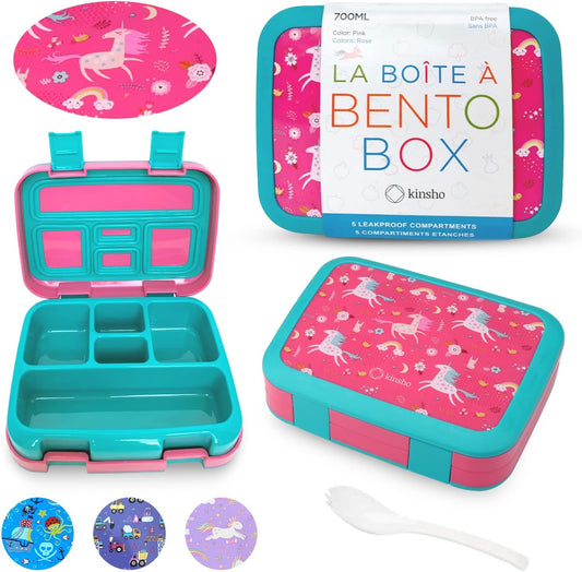 kinsho Unicorn Bento Lunch Box for Girls Toddlers, 5 Portion Control Sections, BPA Free Removable Plastic Tray, Pre-School Kid Toddler Girl Daycare Lunches, Snack Container Ages 3 to 7 Pink Unicorns