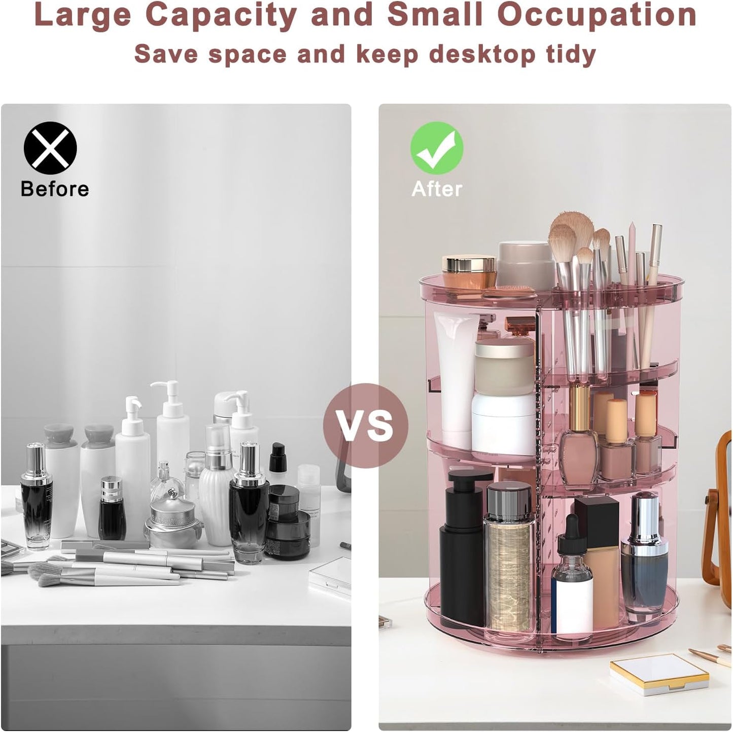 Rotating Makeup Organizer, DIY 8 Adjustable Layers 360 Spinning Skincare Organizers, Makeup Storage Carousel Tower with Brush Holder & Perfume Trays, Cosmetic Display Case for Vanity Bathroom