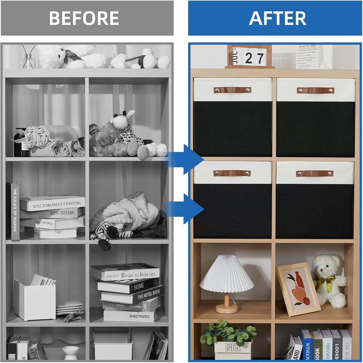 Temary Fabric Storage Bin 4 Pack Cube Storage Bin for Shelf Fabric Cube Storage Basket 13 Inch Cube Storage Bins Foldable Storage Cubes with Leather Handles(White&Black)