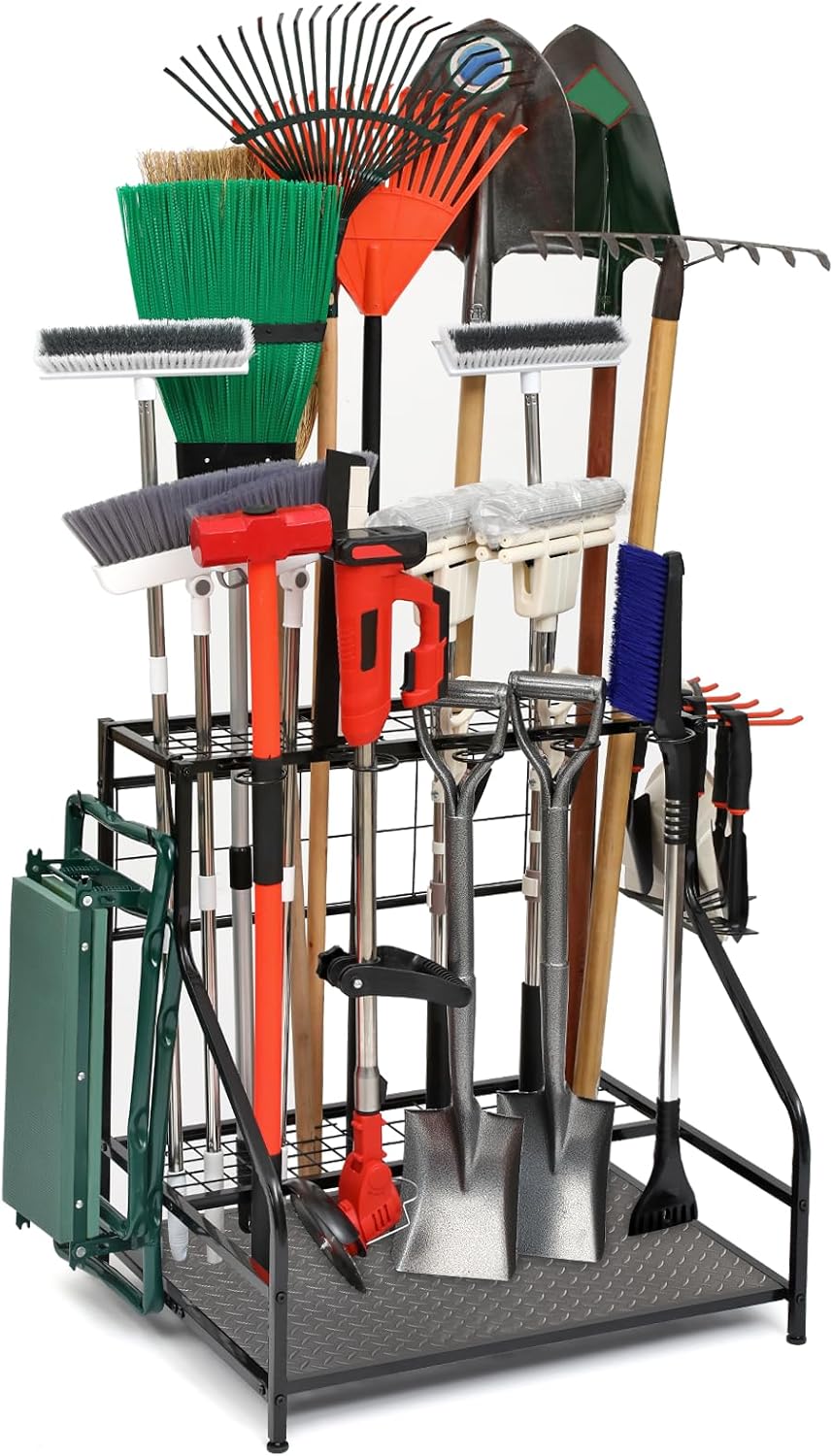 Garden Tool Organizer for Garage, Garden Tool Rack, Up to 58 Long Handled Tools, Yard Tool Holder for Garage, Shed, Outdoor, Tool Stand, Black (Garden Tool Rack)