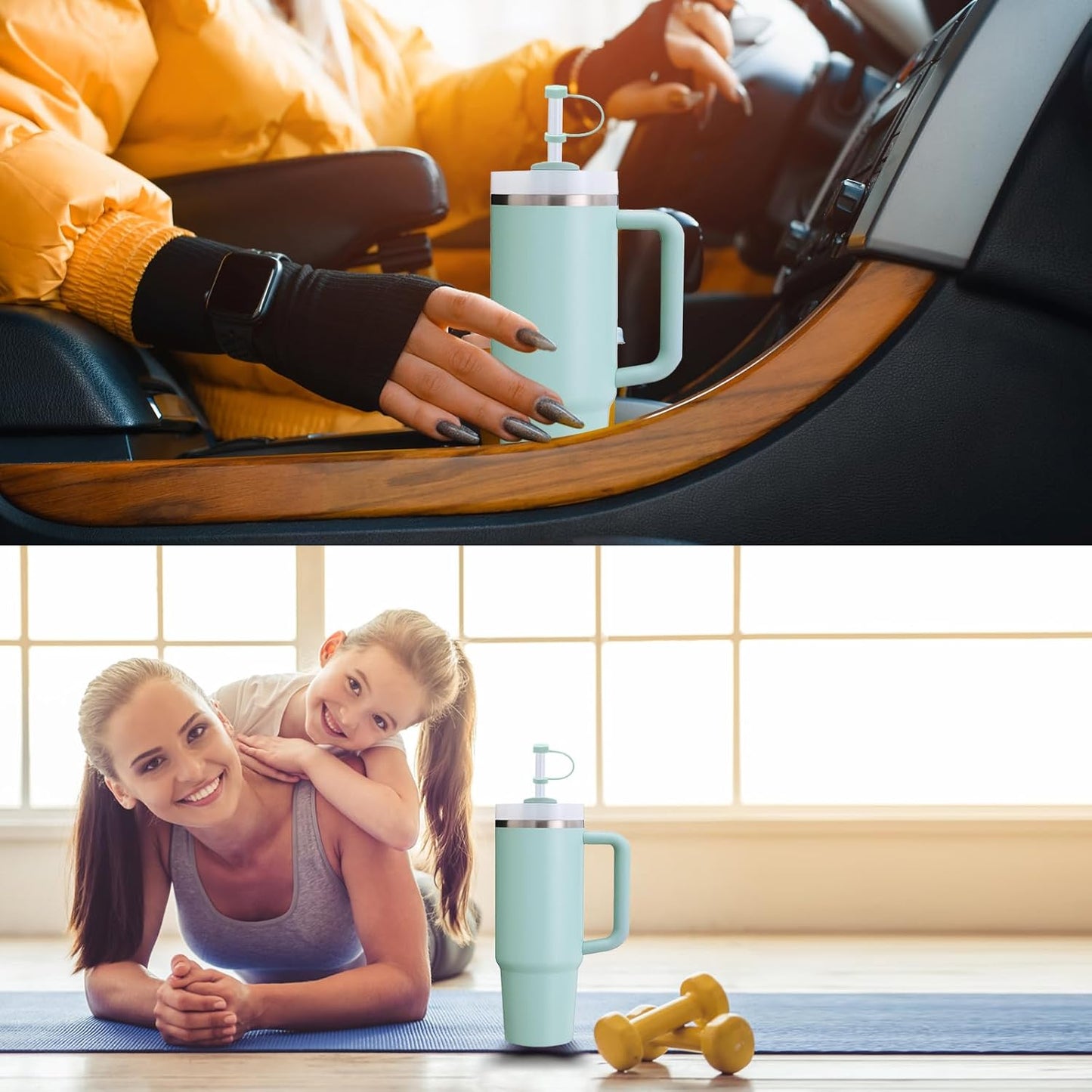 Silicone Spill Stopper Set Compatible with Stanley Cup 2.0 30oz & 40oz with Straw Cover (Set of 2, Seafoam)