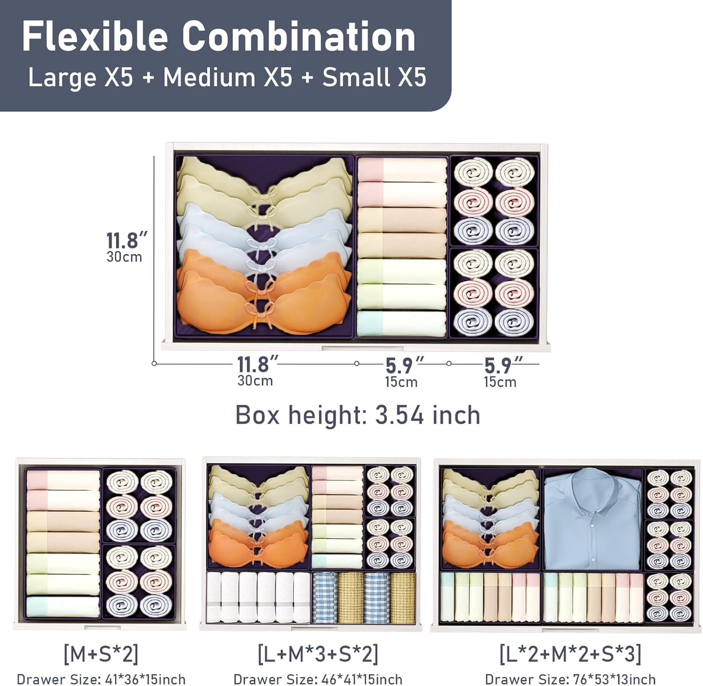 DIMJ Drawer Organizer Clothes, 15 Pack Dresser Organizer, Foldable Closet Organizers and Storage, Fabric Dresser Bins, Drawer Dividers for Nursery, Baby Clothes, Underwears, Sock (Purple)